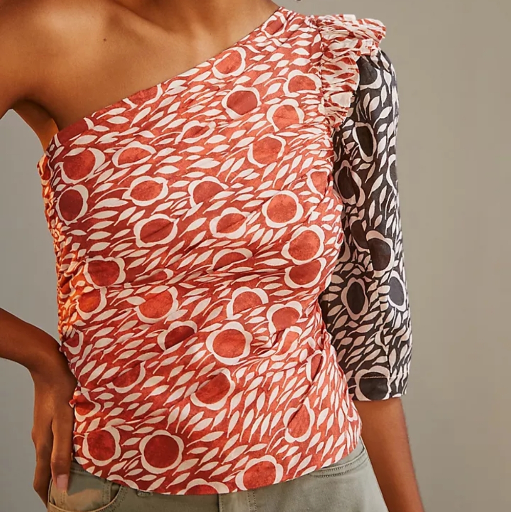 Anthropologie Cecilia Pettersson Printed One-Shoulder Blouse Red Large 14 - Picture 5 of 11
